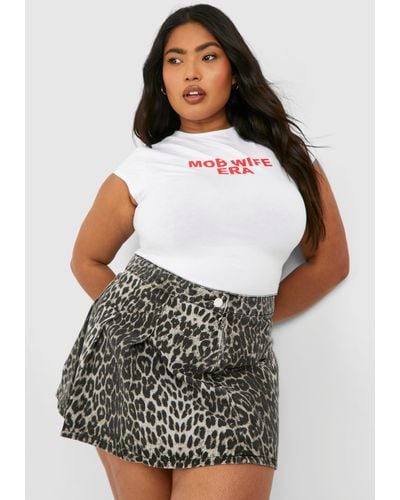 Boohoo Plus Leopard Print Pleated Denim Tennis Skirt - White