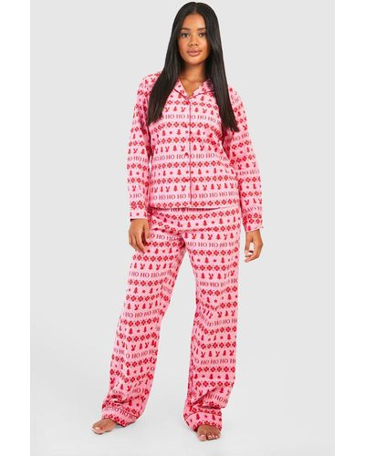 Boohoo Christmas Brushed Print Pajama Trouser Set - Red