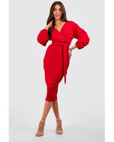 Boohoo Rouched Sleeve Wrap Midi Dress - Red