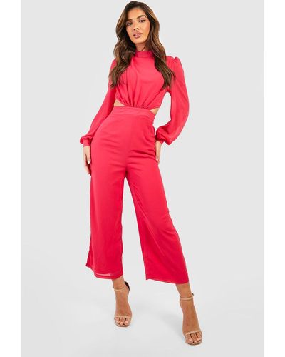 Boohoo Chiffon Cut Out Detail Culotte Jumpsuit - Red