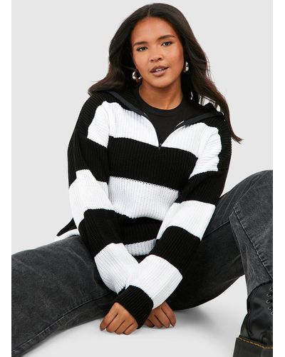 Boohoo Plus Stripe Half Zip Through Sweater - Black