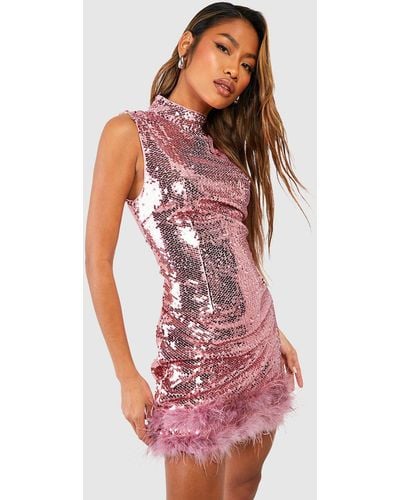 Boohoo Sequin High Neck Feather Detail Party Dress - Red