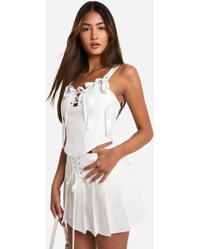 Boohoo Ribbon Lace Up Pleated Mini Skirt - White