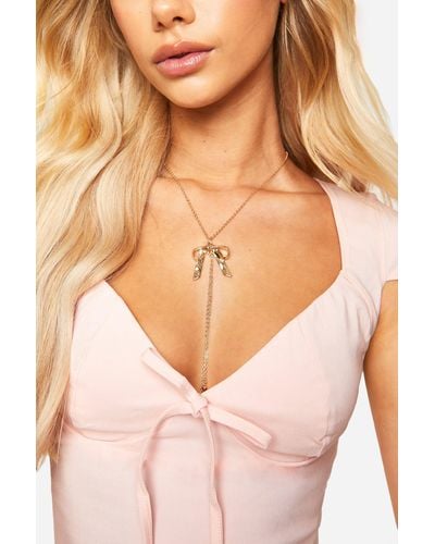 Boohoo Bow Tie Detail Plunge Necklace - Natural