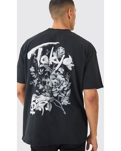 BoohooMAN Oversized Tokyo Floral Print T-shirt - Black