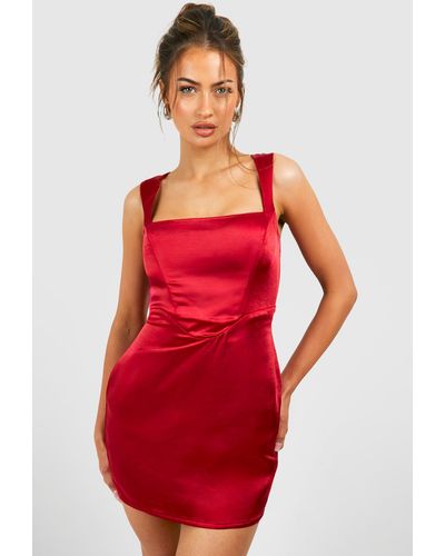 Boohoo Satin Square Neck Corset Mini Dress - Red
