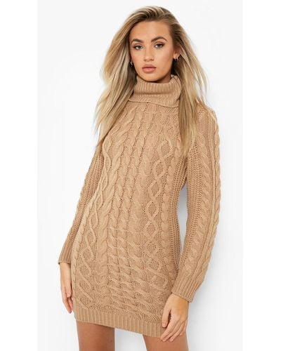 Boohoo Chunky Cable Roll Neck Sweater Dress - Natural