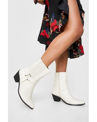 Boohoo Wide Width Harness Detail Western Cowboy Ankle Boots - White