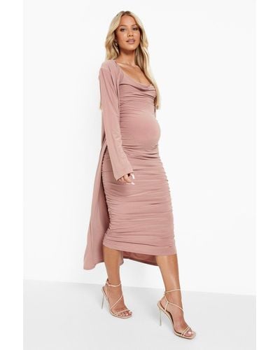 Boohoo Maternity Strappy Cowl Neck Dress And Duster Coat in Red