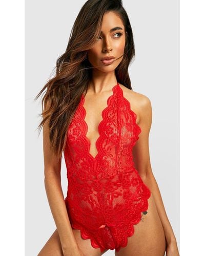 Boohoo Crotchless Lace Bodysuit - Red