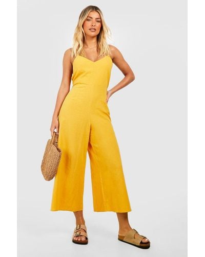 Boohoo Linen Strappy Culotte Jumpsuit - Yellow