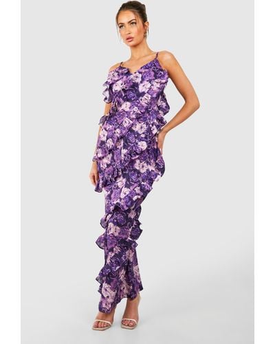 Boohoo Floral Print Ruffle Detail Maxi Dress - Purple