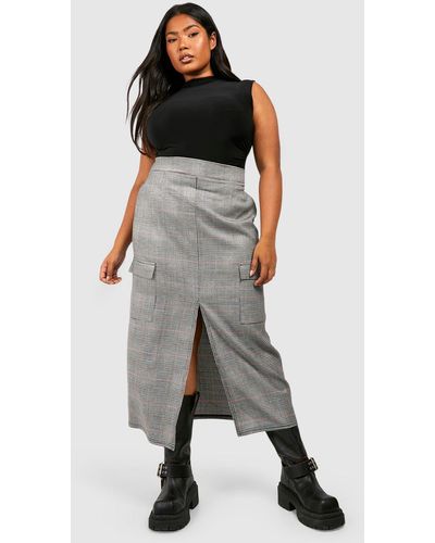 Boohoo Plus Checked Front Split Midaxi Skirt - Black