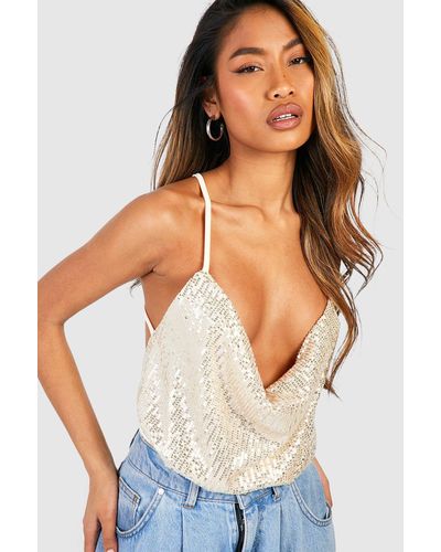 Boohoo Cowl Front Sequin Strappy One Piece - Natural