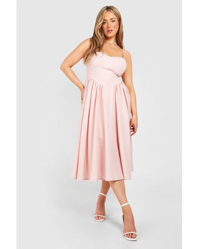 Boohoo Plus Linen Milkmaid Midi Dress - Pink