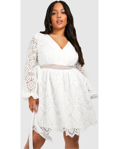 Boohoo Plus Premium Lace Volume Sleeve Skater Dress - White