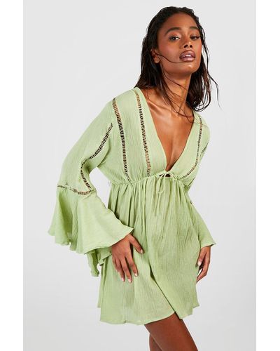 Boohoo Tie Detail Frill Sleeve Beach Mini Dress - Green