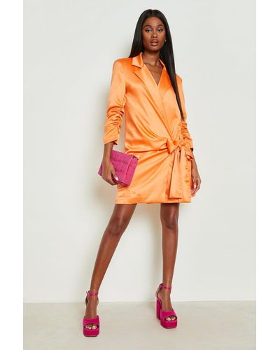 Boohoo Satin Drape Side Blazer Dress - Orange