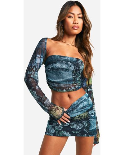 Boohoo Bolero Printed Mesh Crop Top - Blue