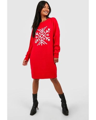 Boohoo Snowflake Chirstmas Sweater Dress - Red