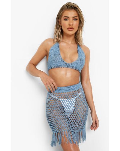 Boohoo Crochet Tassel Hem Beach Mini Skirt - Blue