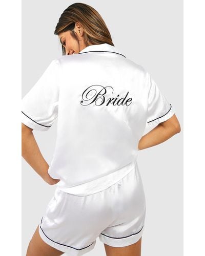 Boohoo Pijama Corto De Raso Con Bordado Bride - Blanco