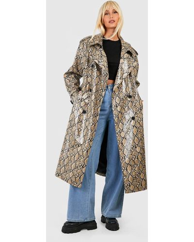 Boohoo Faux Leather Snake Print Maxi Trench Coat - Blue