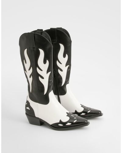 Boohoo Contrast Panel Western Cowboy Boots - Black