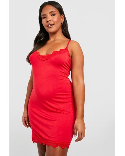 Boohoo Plus Lace Trim Nightgown - Red