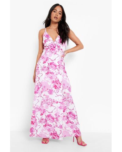 Boohoo Petite Woven Floral Wrap Maxi Dress - Pink