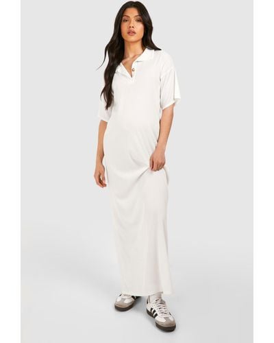 Boohoo Maternity Ribbed Collared Maxi T-shirt Dress - White