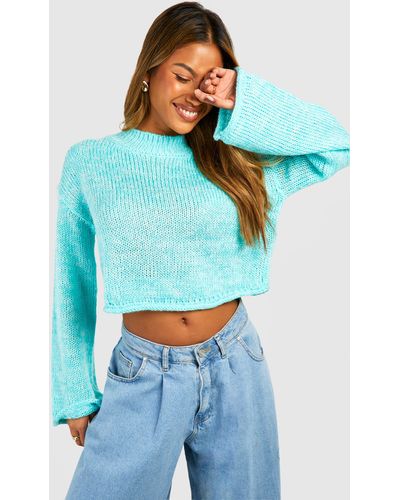Boohoo Twist Yarn Flare Sleeve Crop Sweater - Blue