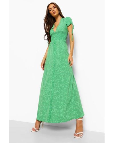 Boohoo Polka Dot Shirred Waist Maxi Dress - Green