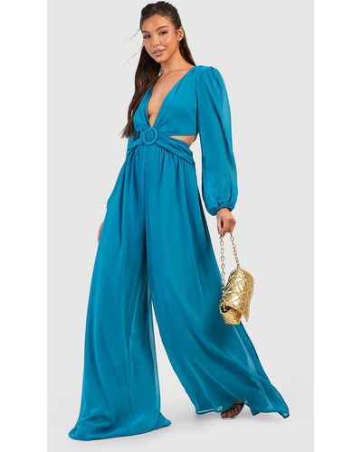 Boohoo Cut Out Wide Leg Jumpsuit - Blue