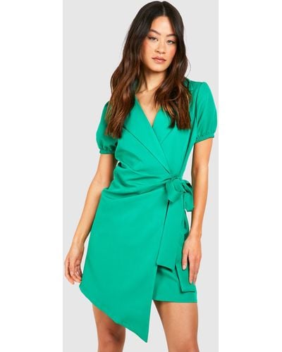 Boohoo Tall Woven Short Sleeve Wrap Blazer Dress - Green