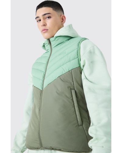 BoohooMAN Man Color Block Quilted Funnel Neck Gilet - Green
