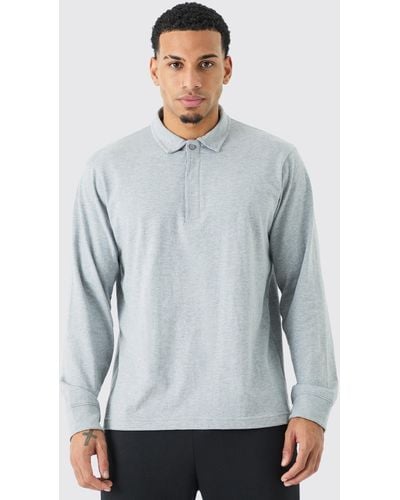 BoohooMAN Core Heavy Carded Button Up Rugby Polo - Gray