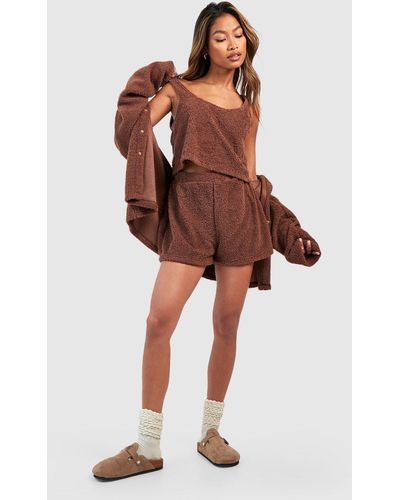 Boohoo Fluffy Loungewear Oversized Short - Brown