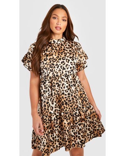 Boohoo Tall Leopard Print Funnel Tiered Smock Dress - Brown