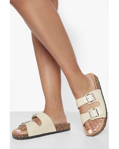 Boohoo Double Buckle Croc Footbed Slider - Natural