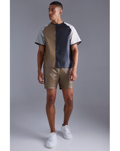 BoohooMAN Short Sleeve Collarless Pu Boxy Shirt & Short Set - Gray