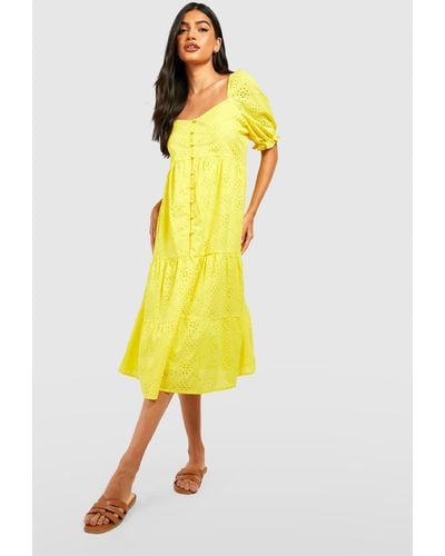 Boohoo Maternity Broderie Button Front Midi Dress - Yellow