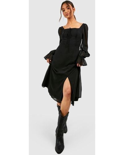 Boohoo Blouson Sleeve Midi Milkmaid Dress - Black