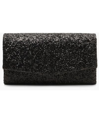 Boohoo Structured Glitter Envelope Clutch Bag With Chain - Black