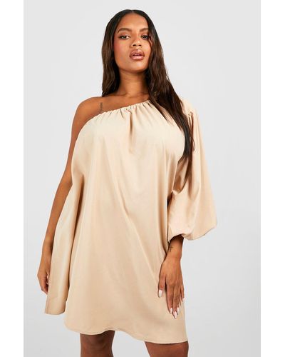 Boohoo Plus Woven One Shoulder Swing Dress - Natural