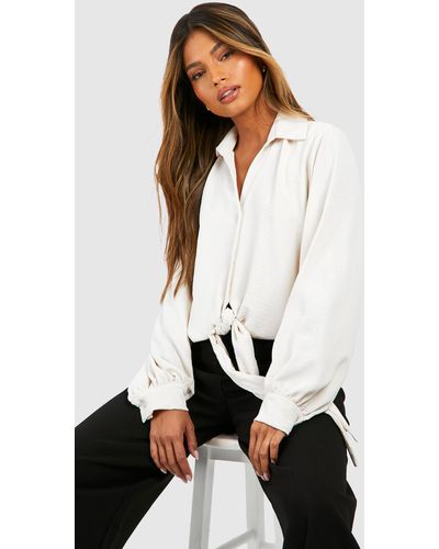Boohoo Hammered Knot Front Volume Sleeve Shirt - White