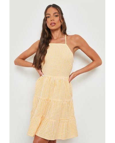 Boohoo Woven Crinkle Gingham Strappy Smock Dress - Natural