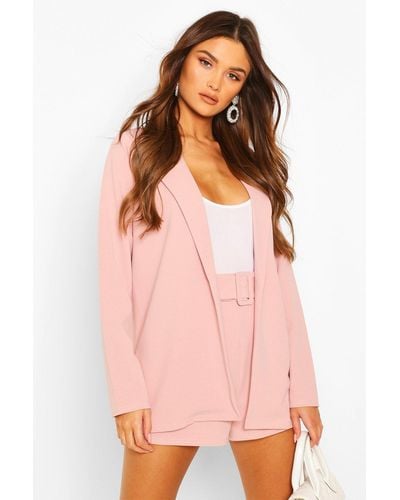 Boohoo Blazer And Self Fabric Belt Short Suit Set - Pink