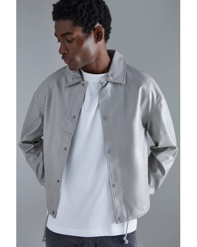 BoohooMAN Long Sleeve Pu Boxy Popper Cord Overshirt - Gray