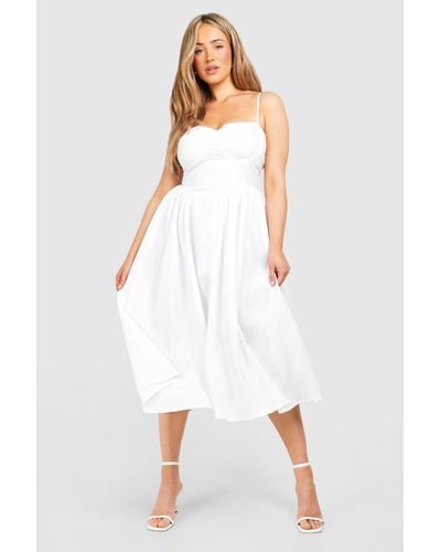 Boohoo Plus Linen Milkmaid Midi Dress - White